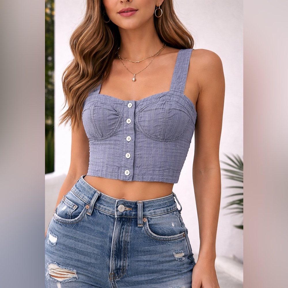 Free People Blue & White Bustier Crop Top | Button Front | Size S